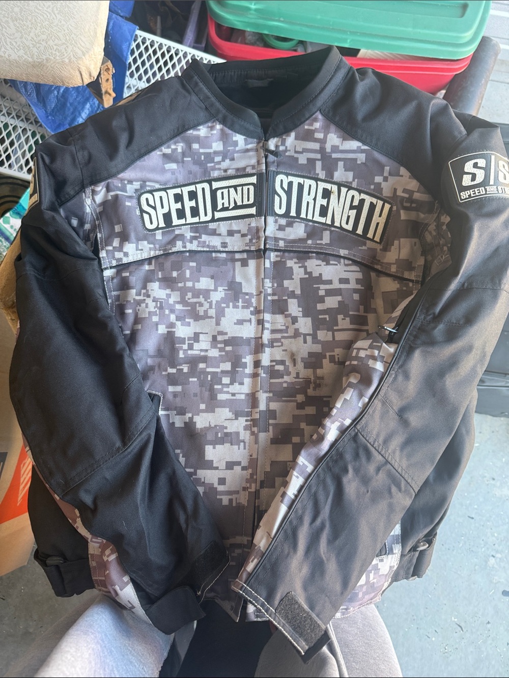 Speed and Strength Men’s Large Digital Camo Motorcycle Jacket - Black/Gray